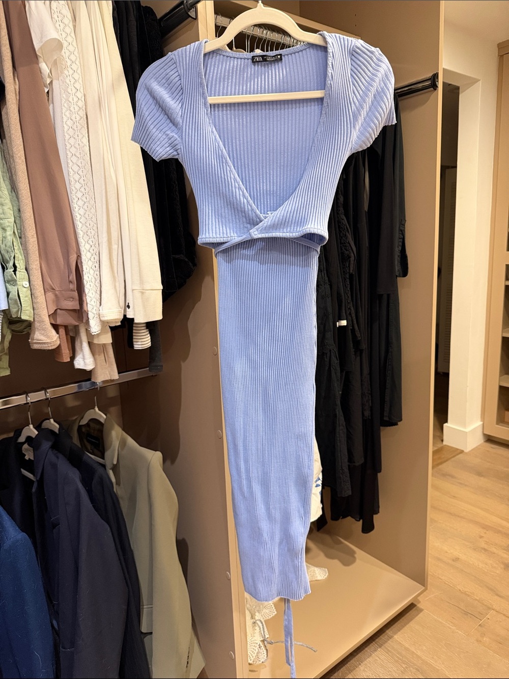 Zara Light Blue Ribbed Midi Dress with Plunge Neck